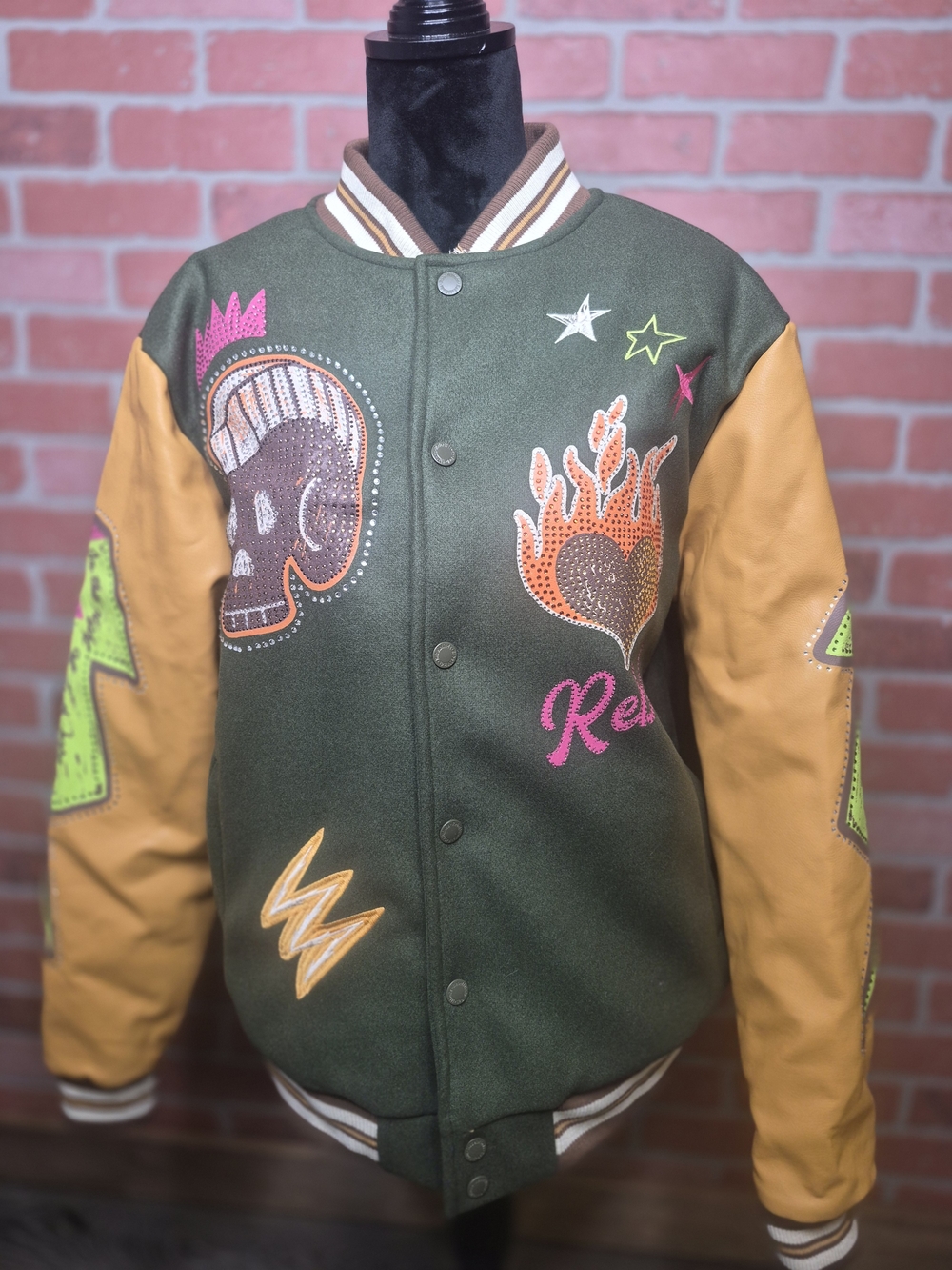 Men's Rebel Minds Olive Green & Mustard Embroidered Varsity Jacket